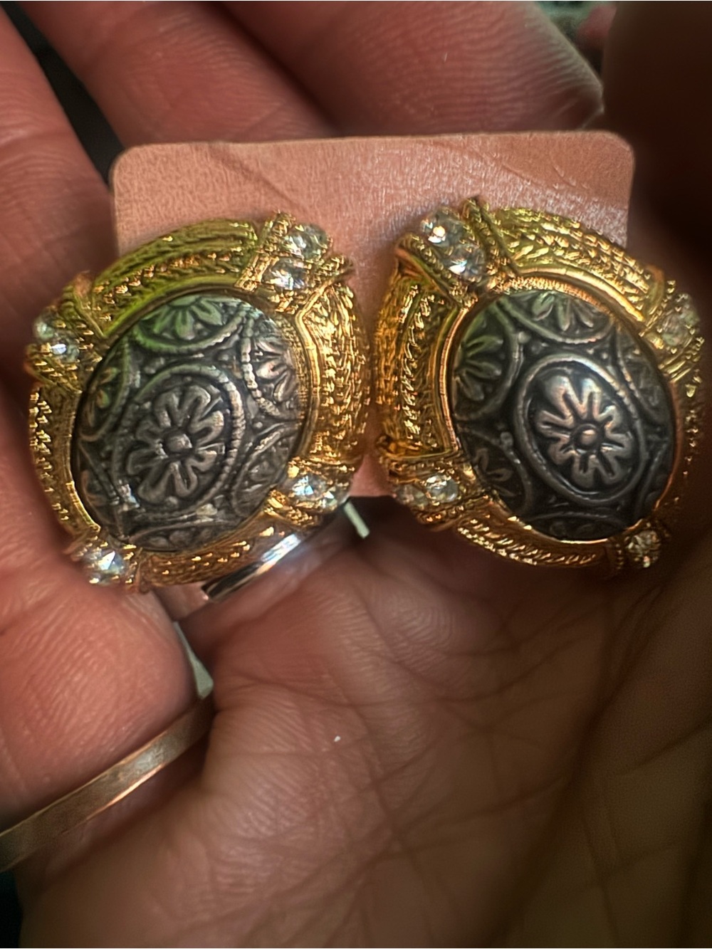 Gold-Tone Filigree Floral Post Back Earrings - Metallic Gray Center
